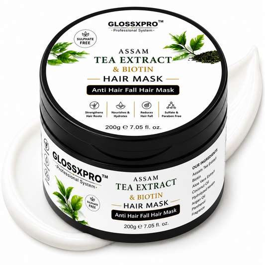 GLOSSXPRO Professional System Assam Tea Extract & Biotin Hair Mask | Anti Hair Fall Hair Mask | Strengthens & Nourishes Hair | Reduces Breakage | Silicone, Mineral Oil & Paraben Free | Color Safe | 200g