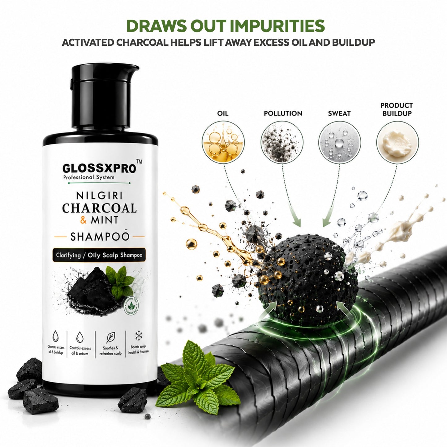 GLOSSXPRO Professional System Nilgiri Charcoal & Mint Clarifying Shampoo | Deep Cleansing for Oily Scalp | Controls Excess Oil & Sebum | Refreshes & Soothes Scalp | Sulphate & Paraben Free