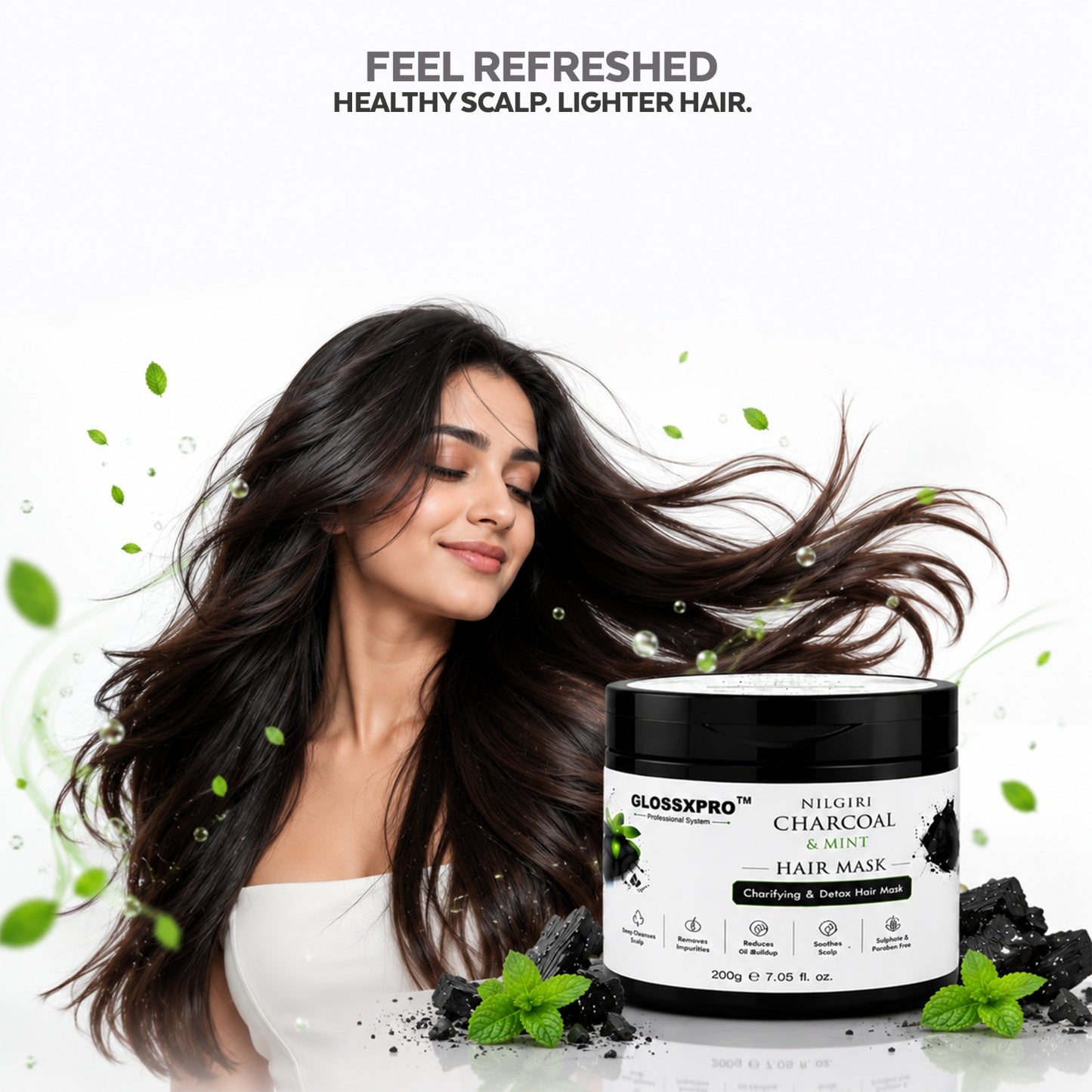 GLOSSXPRO Professional System Nilgiri Charcoal & Mint Hair Mask | Deep Scalp Detox & Intense Hair Nourishment | Controls Excess Oil | Refreshes & Hydrates Hair | Sulphate & Paraben Free