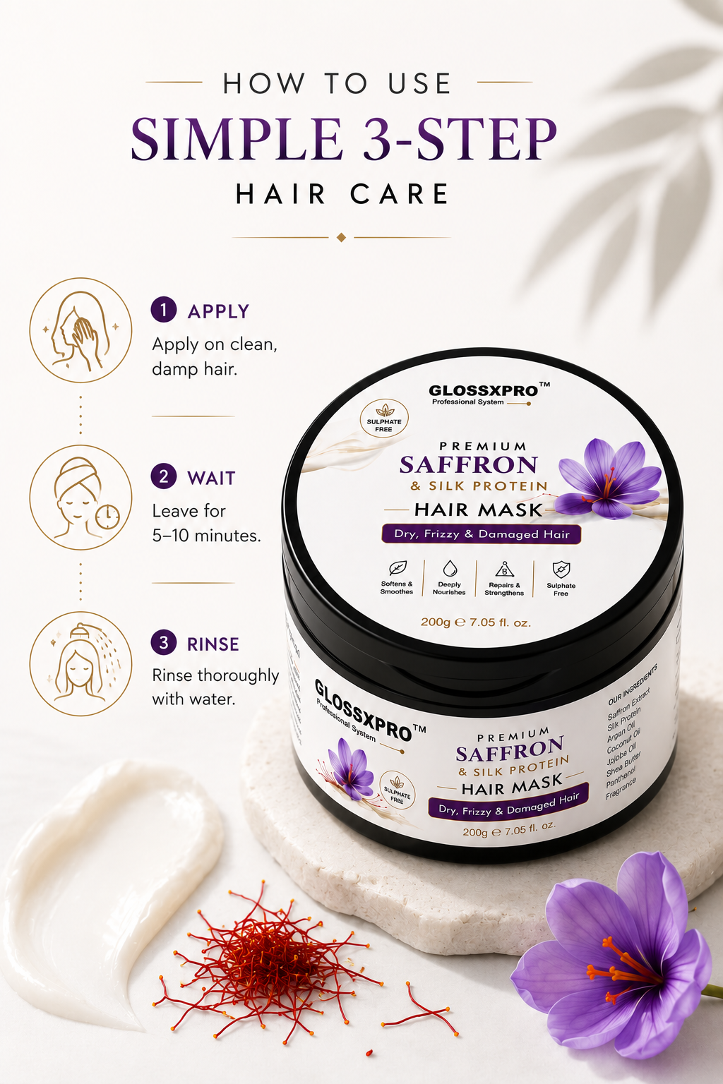 GLOSSXPRO Professional Kashmir Saffron & Silk Protein Hair Mask | Deep Repair, Intense Nourishment & Frizz Control | Sulphate Free & Paraben Free | Salon Professional Hair Care