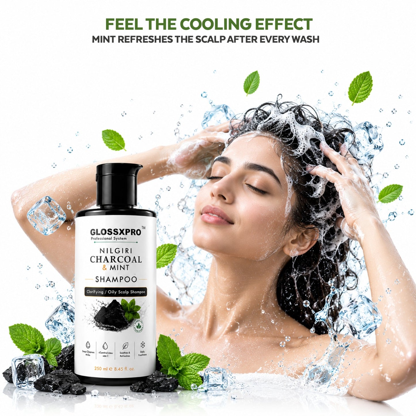 GLOSSXPRO Professional System Nilgiri Charcoal & Mint Clarifying Shampoo | Deep Cleansing for Oily Scalp | Controls Excess Oil & Sebum | Refreshes & Soothes Scalp | Sulphate & Paraben Free