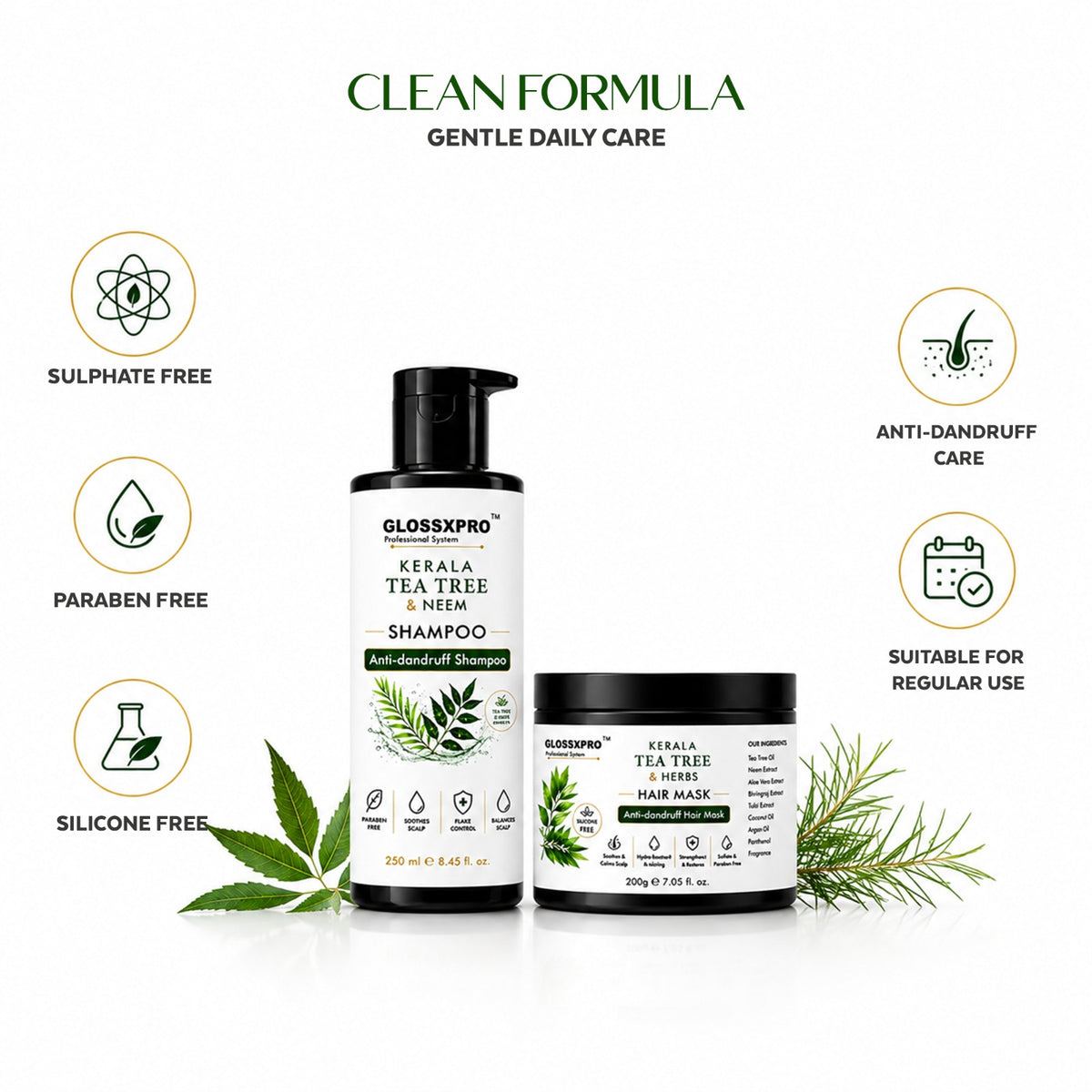 GLOSSXPRO Kerala Tea Tree & Neem Anti-Dandruff Shampoo + Tea Tree & Herbs Hair Mask Combo