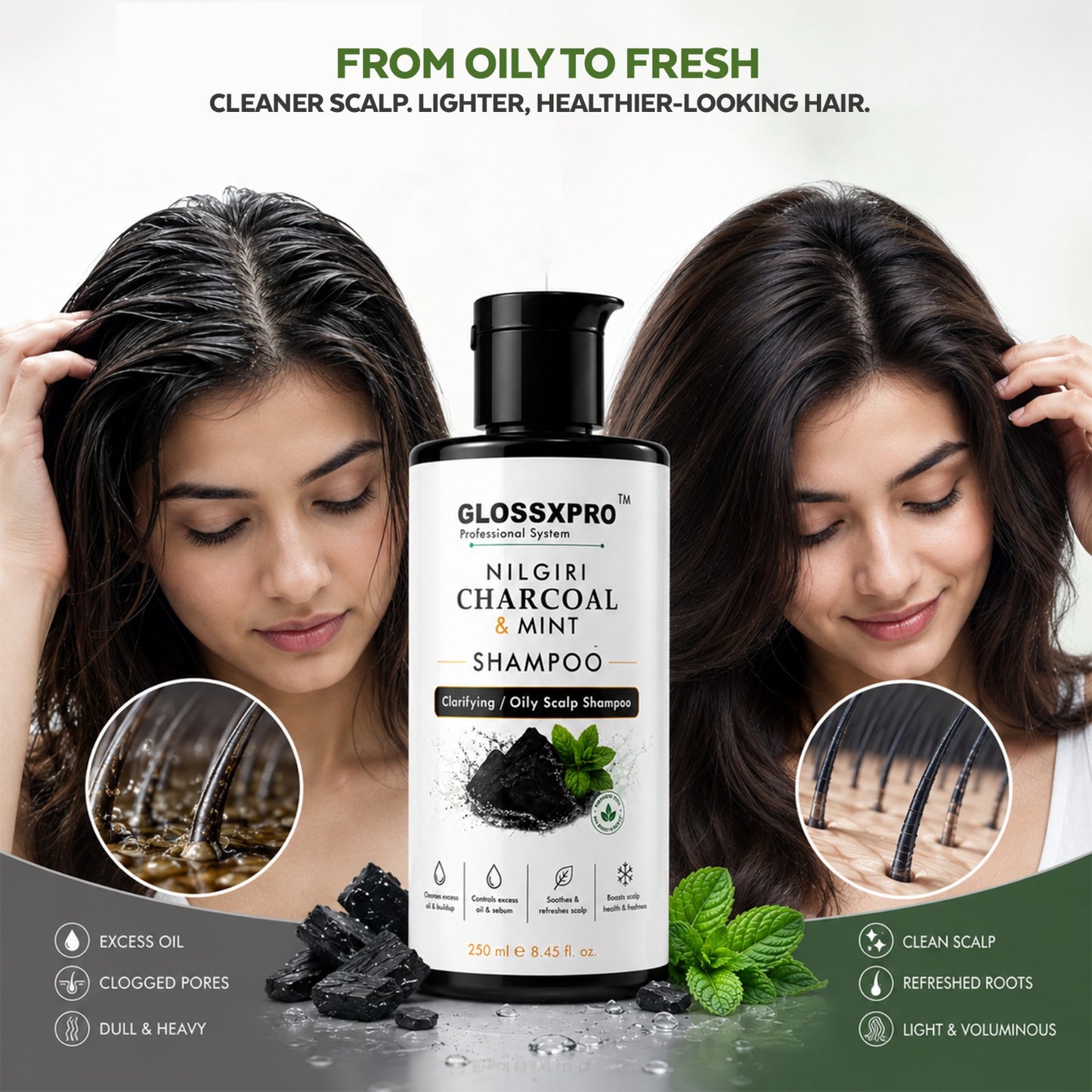 GLOSSXPRO Professional System Nilgiri Charcoal & Mint Clarifying Shampoo | Deep Cleansing for Oily Scalp | Controls Excess Oil & Sebum | Refreshes & Soothes Scalp | Sulphate & Paraben Free