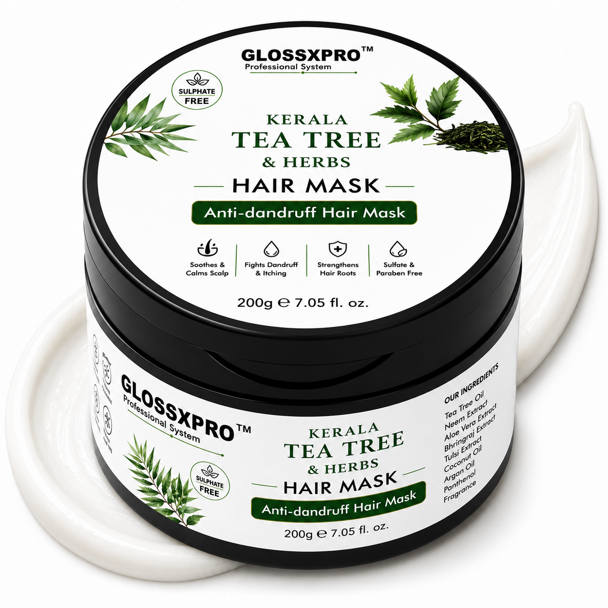 GLOSSXPRO Professional System Kerala Tea Tree & Neem Hair Mask | Anti-Dandruff Hair Mask | Soothes Dry & Itchy Scalp | Deep Nourishment & Flake Control | Sulphate, Silicone, Mineral Oil & Paraben Free | 200g