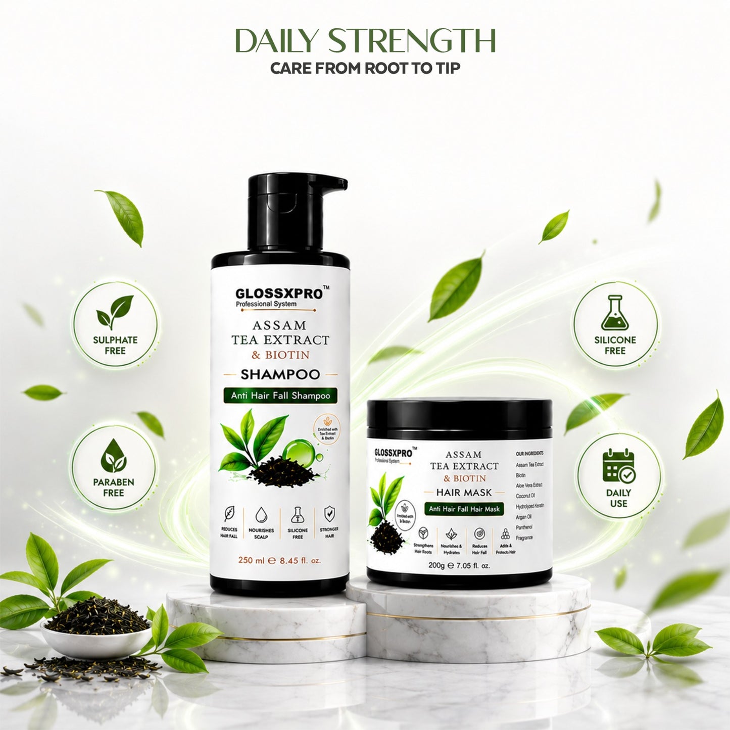 GLOSSXPRO Assam Tea Extract & Biotin Shampoo + Hair Mask Combo for Hair Fall Control | Strengthens Hair Roots, Nourishes & Hydrates | Sulphate, Paraben & Silicone Free | Shampoo 250ml + Hair Mask 200g