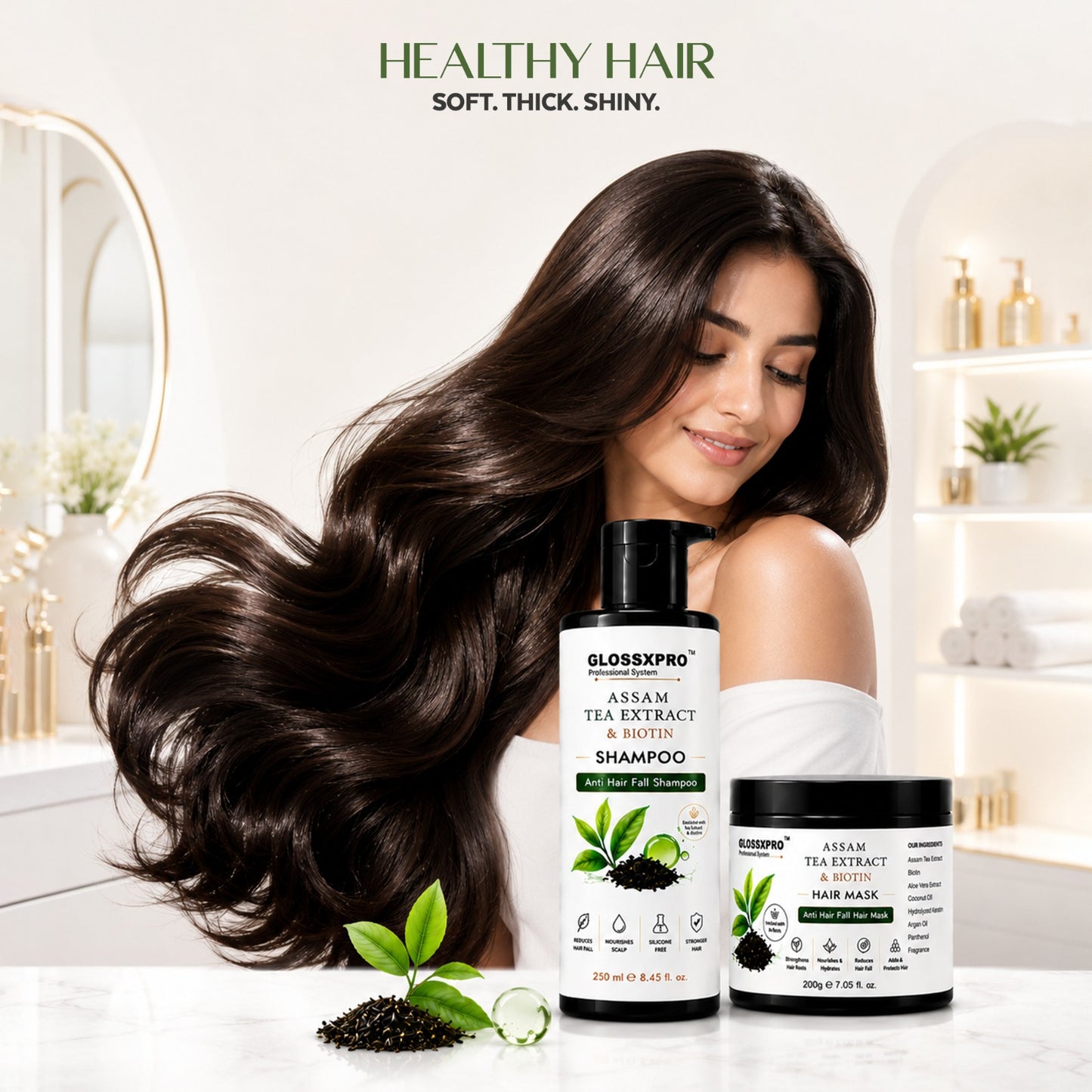 GLOSSXPRO Assam Tea Extract & Biotin Shampoo + Hair Mask Combo for Hair Fall Control | Strengthens Hair Roots, Nourishes & Hydrates | Sulphate, Paraben & Silicone Free | Shampoo 250ml + Hair Mask 200g