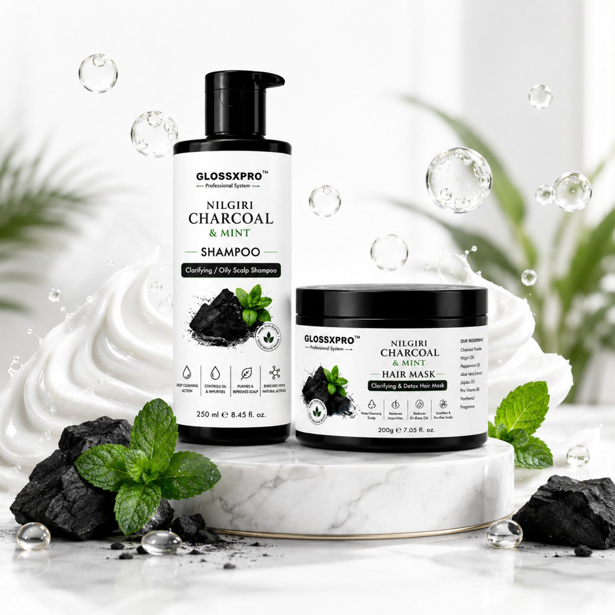 GLOSSXPRO Nilgiri Charcoal & Mint Shampoo + Hair Mask Combo for Oily Scalp & Hair