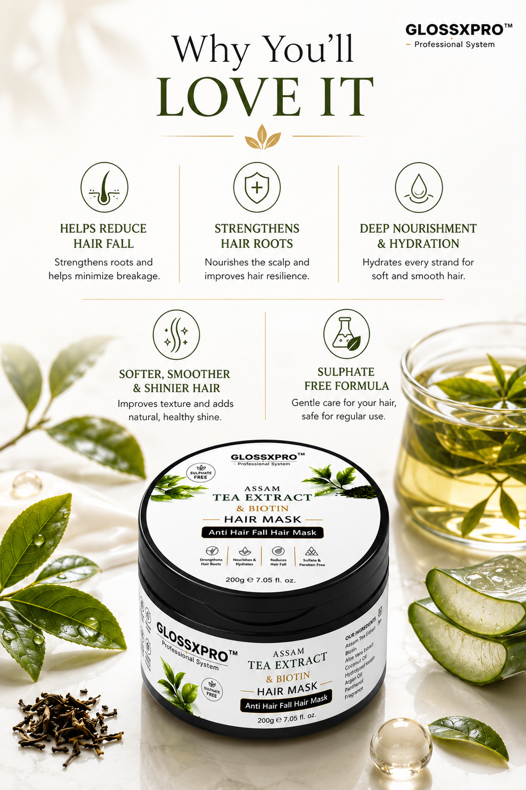 GLOSSXPRO Professional System Assam Tea Extract & Biotin Hair Mask | Anti Hair Fall Hair Mask | Strengthens & Nourishes Hair | Reduces Breakage | Silicone, Mineral Oil & Paraben Free | Color Safe | 200g