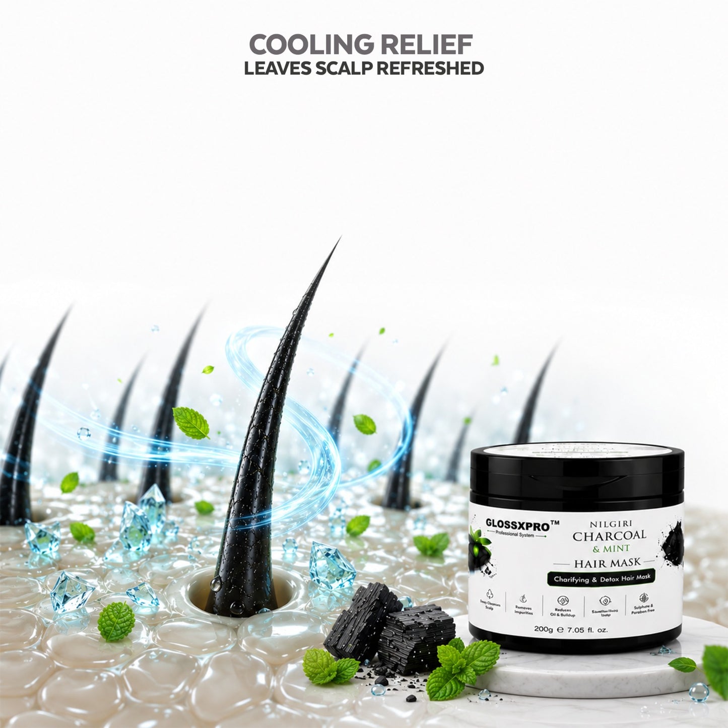GLOSSXPRO Professional System Nilgiri Charcoal & Mint Hair Mask | Deep Scalp Detox & Intense Hair Nourishment | Controls Excess Oil | Refreshes & Hydrates Hair | Sulphate & Paraben Free