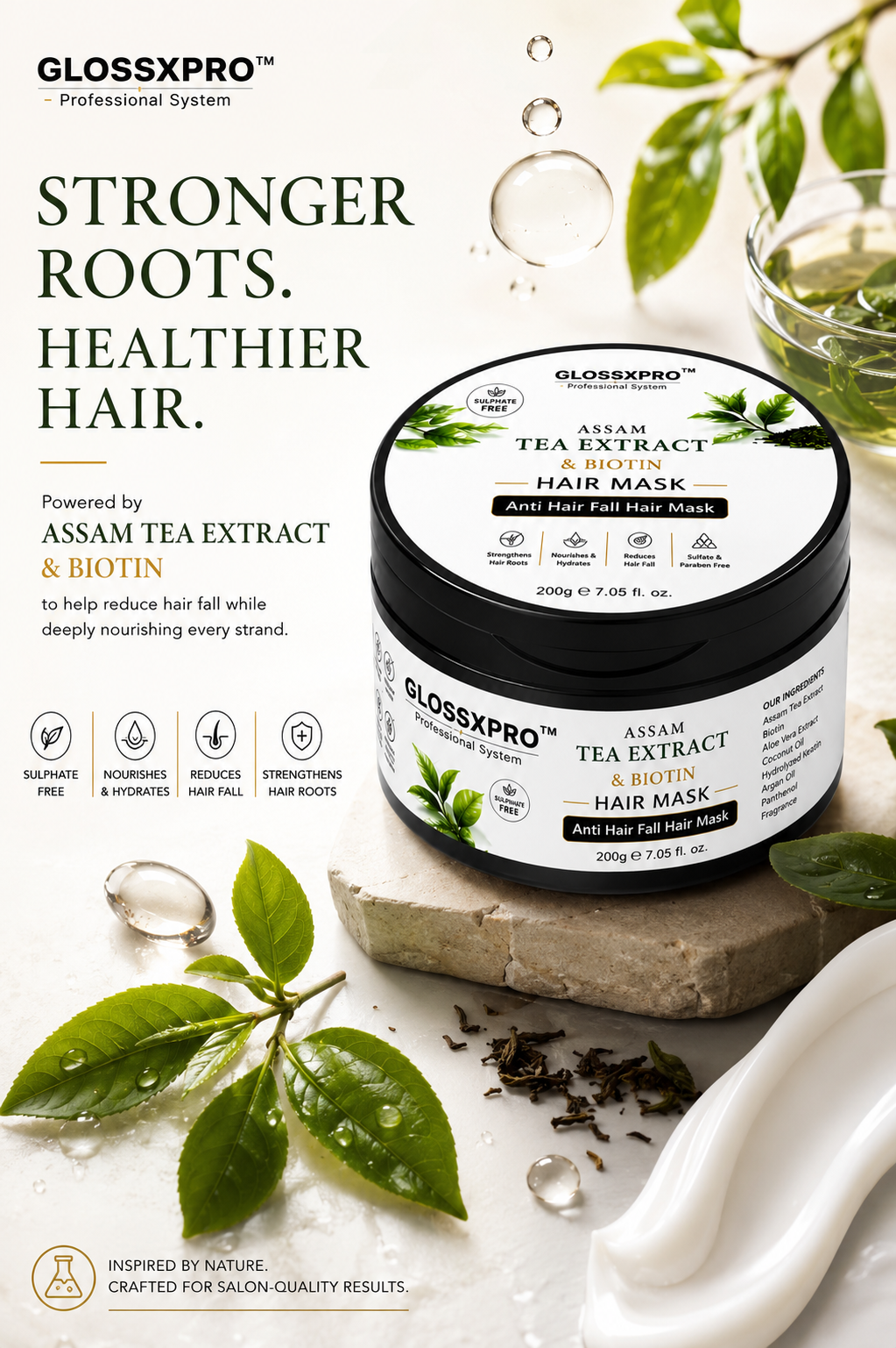 GLOSSXPRO Professional System Assam Tea Extract & Biotin Hair Mask | Anti Hair Fall Hair Mask | Strengthens & Nourishes Hair | Reduces Breakage | Silicone, Mineral Oil & Paraben Free | Color Safe | 200g