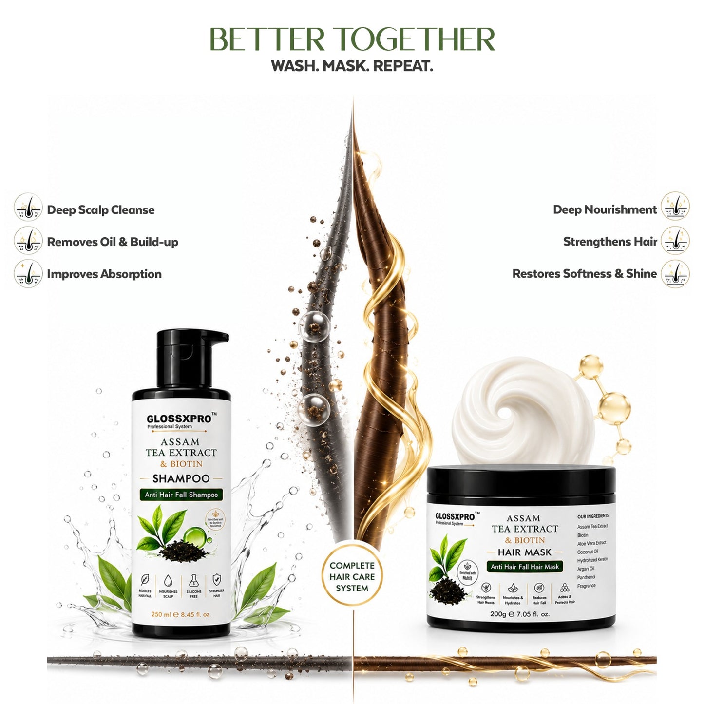 GLOSSXPRO Assam Tea Extract & Biotin Shampoo + Hair Mask Combo for Hair Fall Control | Strengthens Hair Roots, Nourishes & Hydrates | Sulphate, Paraben & Silicone Free | Shampoo 250ml + Hair Mask 200g