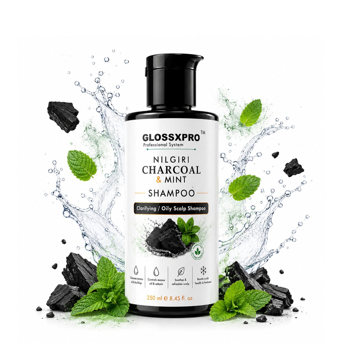GLOSSXPRO Professional System Nilgiri Charcoal & Mint Clarifying Shampoo | Deep Cleansing for Oily Scalp | Controls Excess Oil & Sebum | Refreshes & Soothes Scalp | Sulphate & Paraben Free